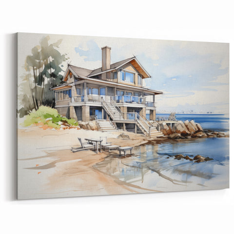 Modern Coastal Cottage Wall Art - Elegant Framed Canvas Print