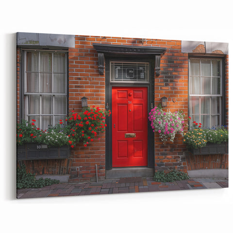 Red Door Wall Art - Classic Brick House with Floral Accents Print
