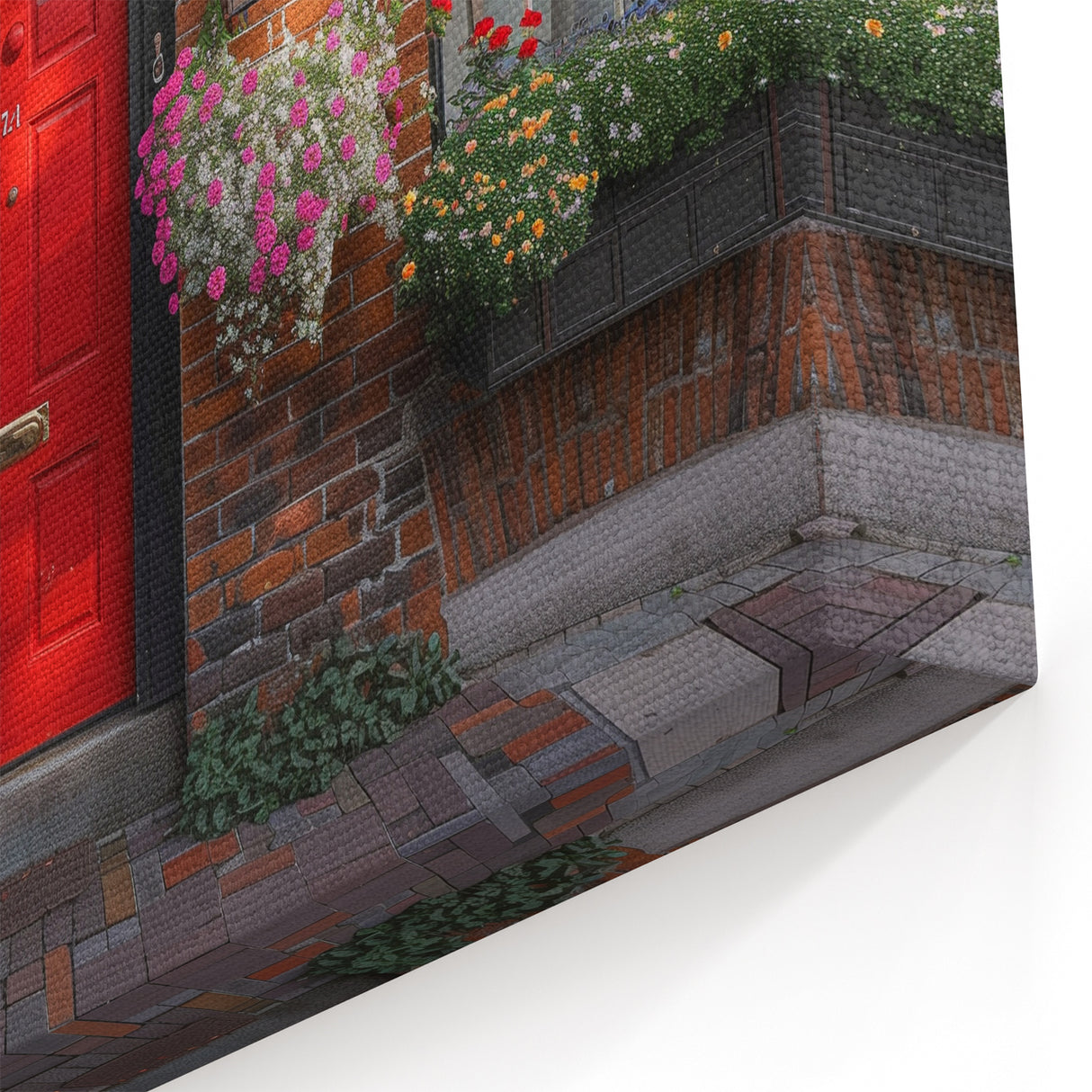 Red Door Wall Art - Classic Brick House with Floral Accents Print