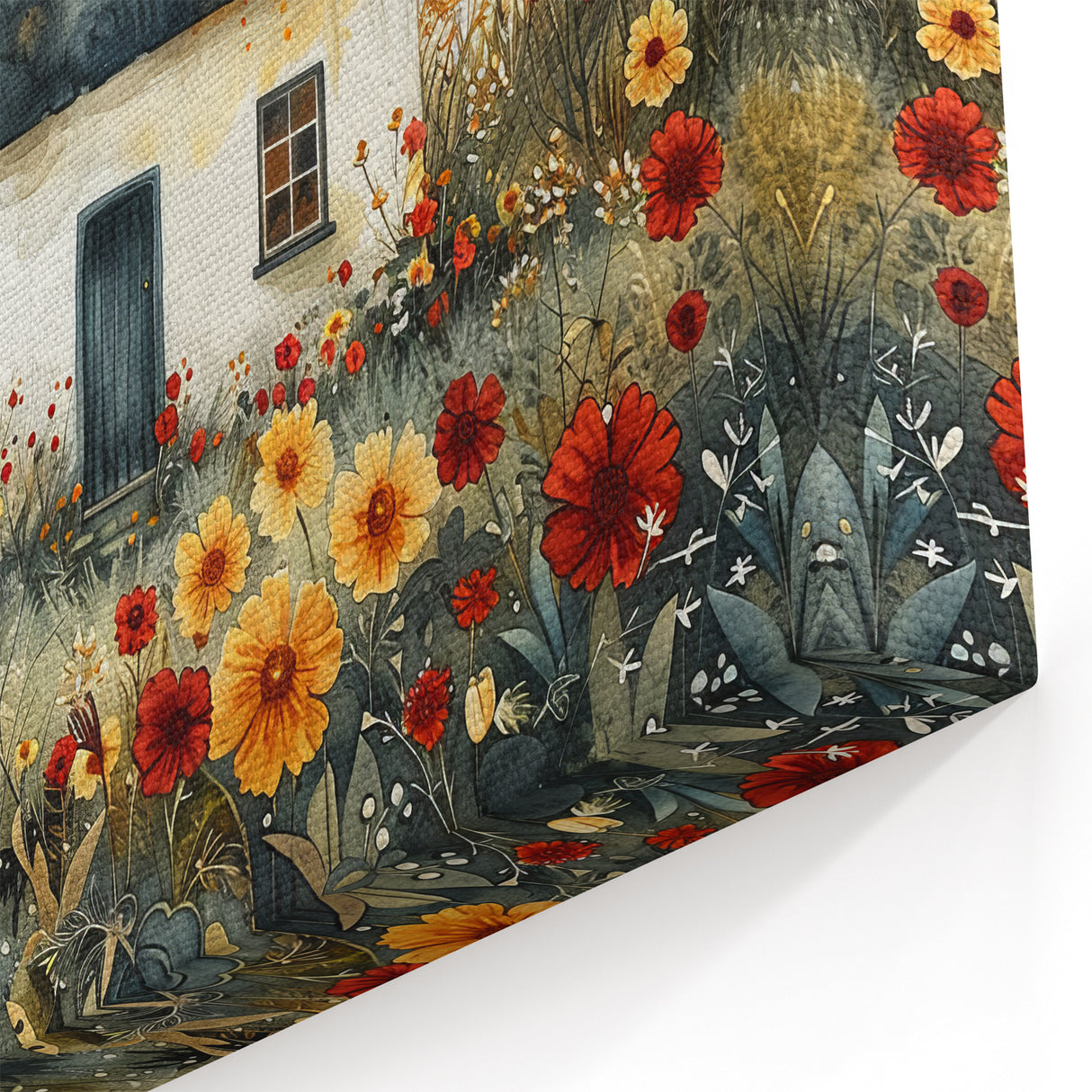 Whimsical Floral Cottage Wall Art - Rustic Framed Canvas Print