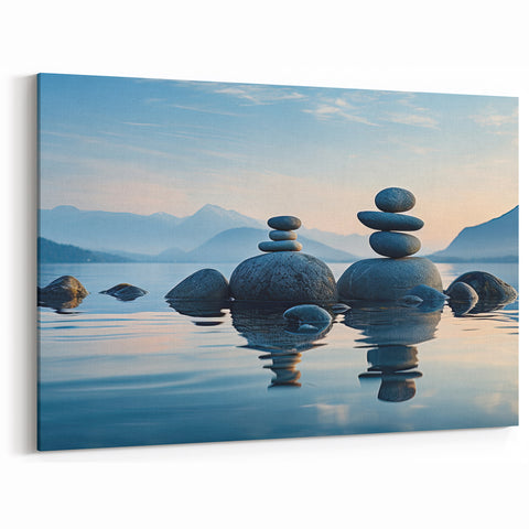 Serene Seascape Wall Art - Coastal Ocean View Canvas with Balanced Stones