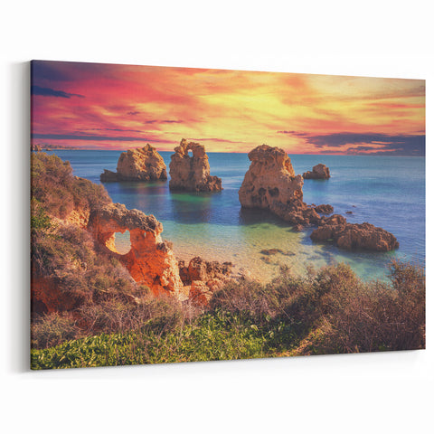 Vibrant Sunset Coastal Art - Rocky Cliff Seascape Canvas Print