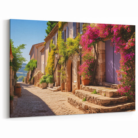 Charming Village Street Wall Art - Lavender Door and Floral Canvas Print