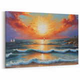 Vibrant Sunset Seascape Art - Sailboats and Crashing Waves Canvas Print