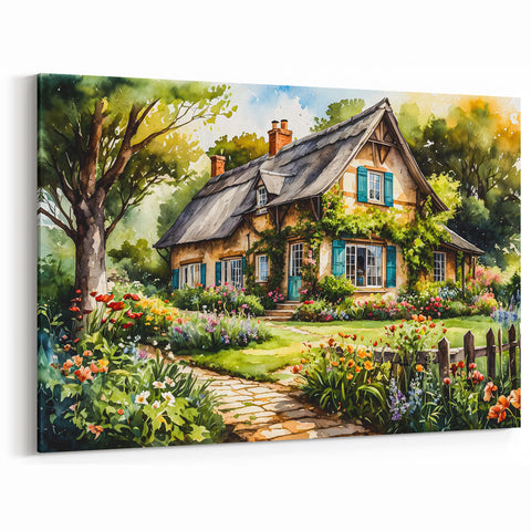 Quaint Cottage Garden Wall Art - Vibrant Framed Canvas Print