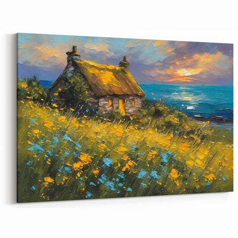 Sunset Coastal Cottage Wall Art - Vibrant Framed Canvas Print