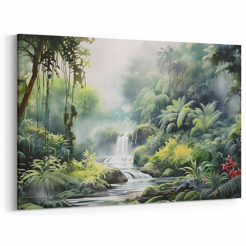 Misty Rainforest Waterfall - Serene Tropical Jungle Landscape Art
