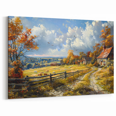Autumn Countryside Wall Art - Rustic Farmhouse Canvas Print for Home Decor