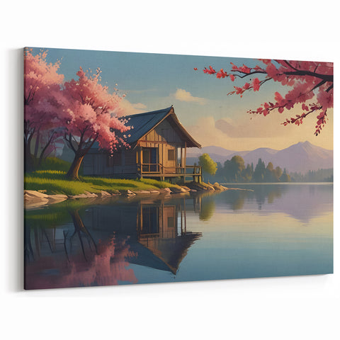 Lakeside Retreat Wall Art - Cherry Blossom Canvas Print for Zen Decor