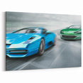 Dynamic Race Car Wall Art - Speeding Blue and Green Racing Cars Canvas