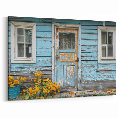 Weathered Blue Cottage Door Wall Art - Rustic Vintage Canvas Print