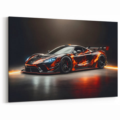 Flaming Supercar Wall Art - High-Impact Black and Orange Racing Print