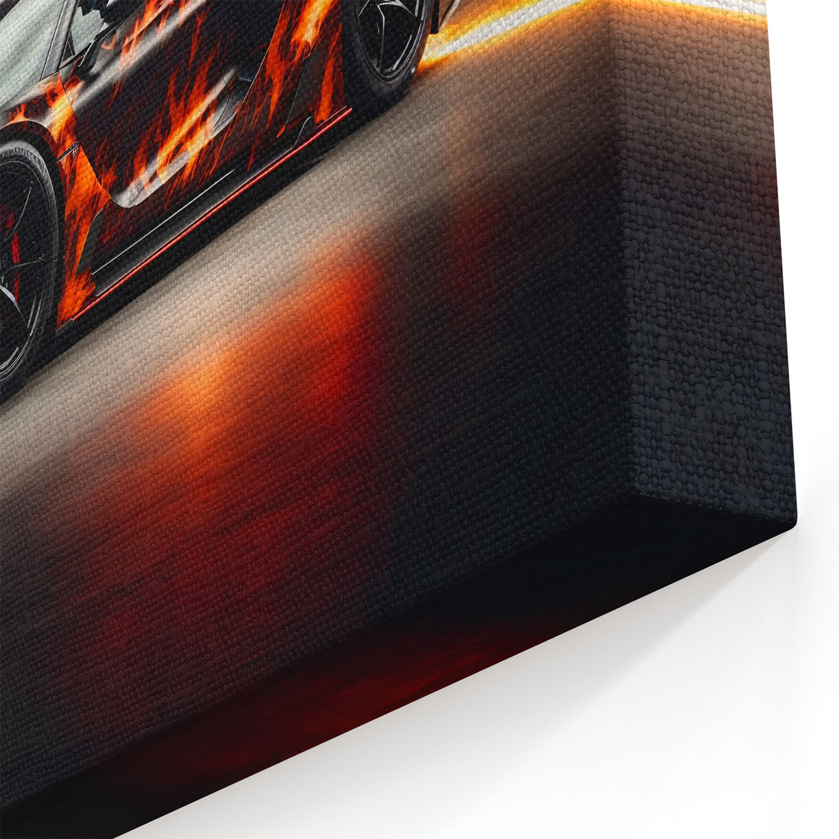 Flaming Supercar Wall Art - High-Impact Black and Orange Racing Print