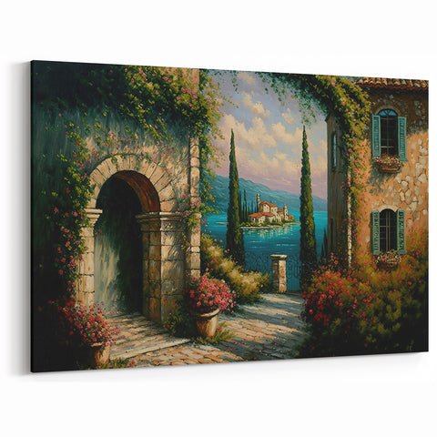 Mediterranean Coastal Street Scene Art - Serene Landscape Canvas Print