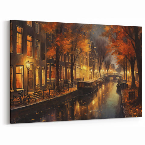 Autumn Evening Canal Street Scene Art - Cozy Urban Canvas Print