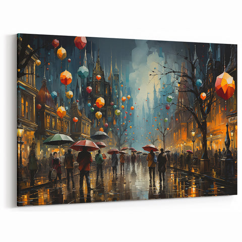Nighttime Lantern Street Scene Art - Vibrant Urban Cityscape Canvas