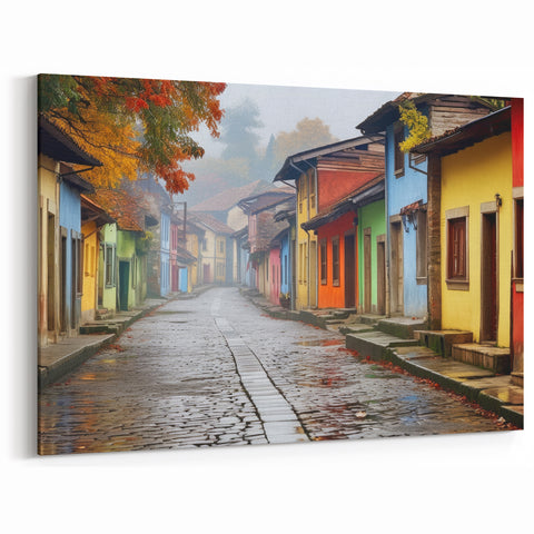 Colorful Village Street Scene Art - Vibrant Cobblestone Alleyway Canvas