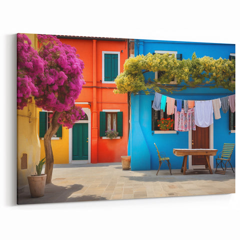 Vibrant Italian Street Scene Art - Colorful Courtyard Canvas Print