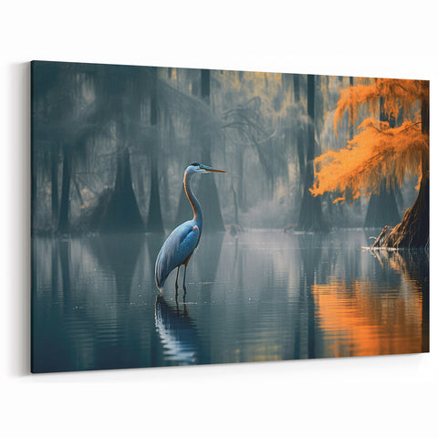 Majestic Heron in Swamp - Scenic Marsh and Swamp Canvas Prints