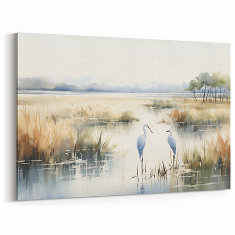 Herons in Serene Marshland - Watercolor Marsh and Swamp Canvas Prints