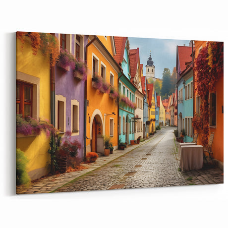 Colorful Street Scene Art Print - Vibrant European Cityscape Canvas