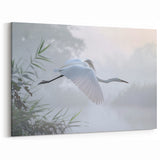 Heron in Misty Marsh Flight - Scenic Marsh and Swamp Canvas Prints