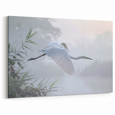 Heron in Misty Marsh Flight - Scenic Marsh and Swamp Canvas Prints