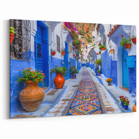 Colorful Moroccan Street Art Print - Vibrant Blue Cityscape Canvas