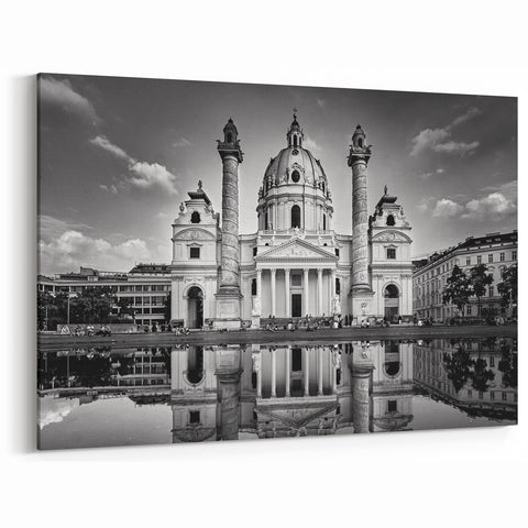 Reflected Cathedral Wall Art – Black & White European Architecture Print