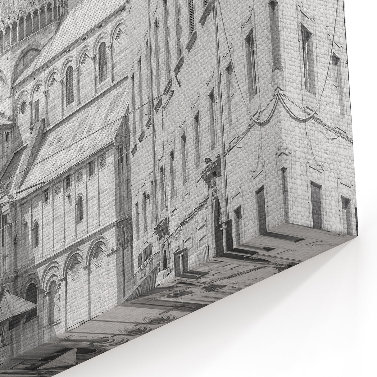 Charming Cathedral Street View – Black & White European Architecture Art