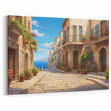 Charming Seaside Village Art Print - Mediterranean Coastal Canvas