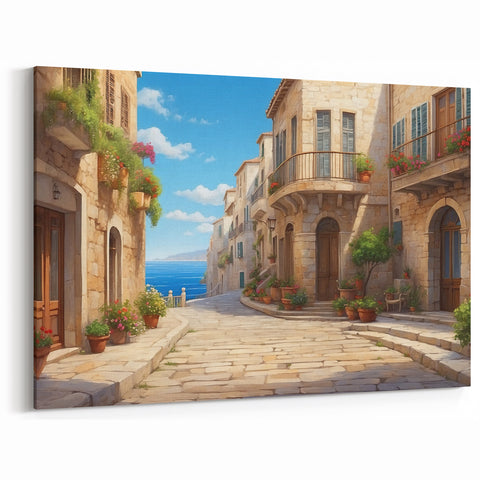 Charming Seaside Village Art Print - Mediterranean Coastal Canvas
