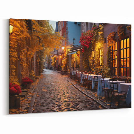 Cozy Autumn Street Cafe Art Print - Warm Evening Cityscape Canvas
