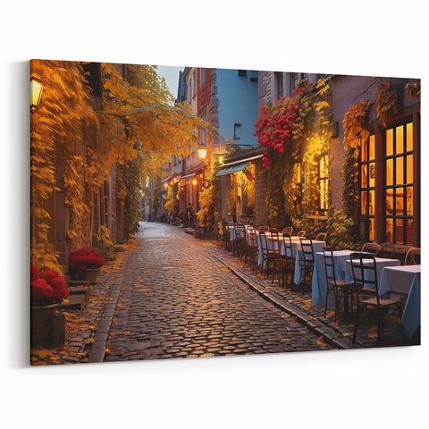 Cozy Autumn Street Cafe Art Print - Warm Evening Cityscape Canvas