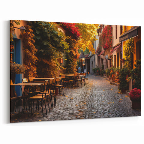Charming Autumn Cafe Street Art Print - Cozy European Cityscape Canvas