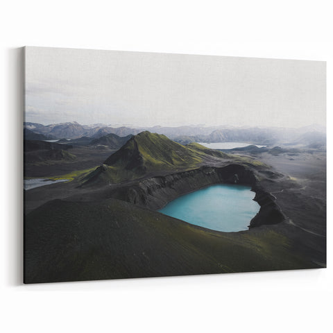 Misty Mountain Crater Lake Art - Serene Foggy Landscape Wall Decor