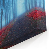 Misty Forest with Red Leaves Art - Ethereal Foggy Landscape Decor