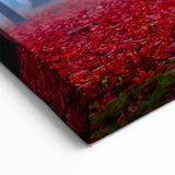 Misty Forest with Red Leaves Art - Ethereal Foggy Landscape Decor