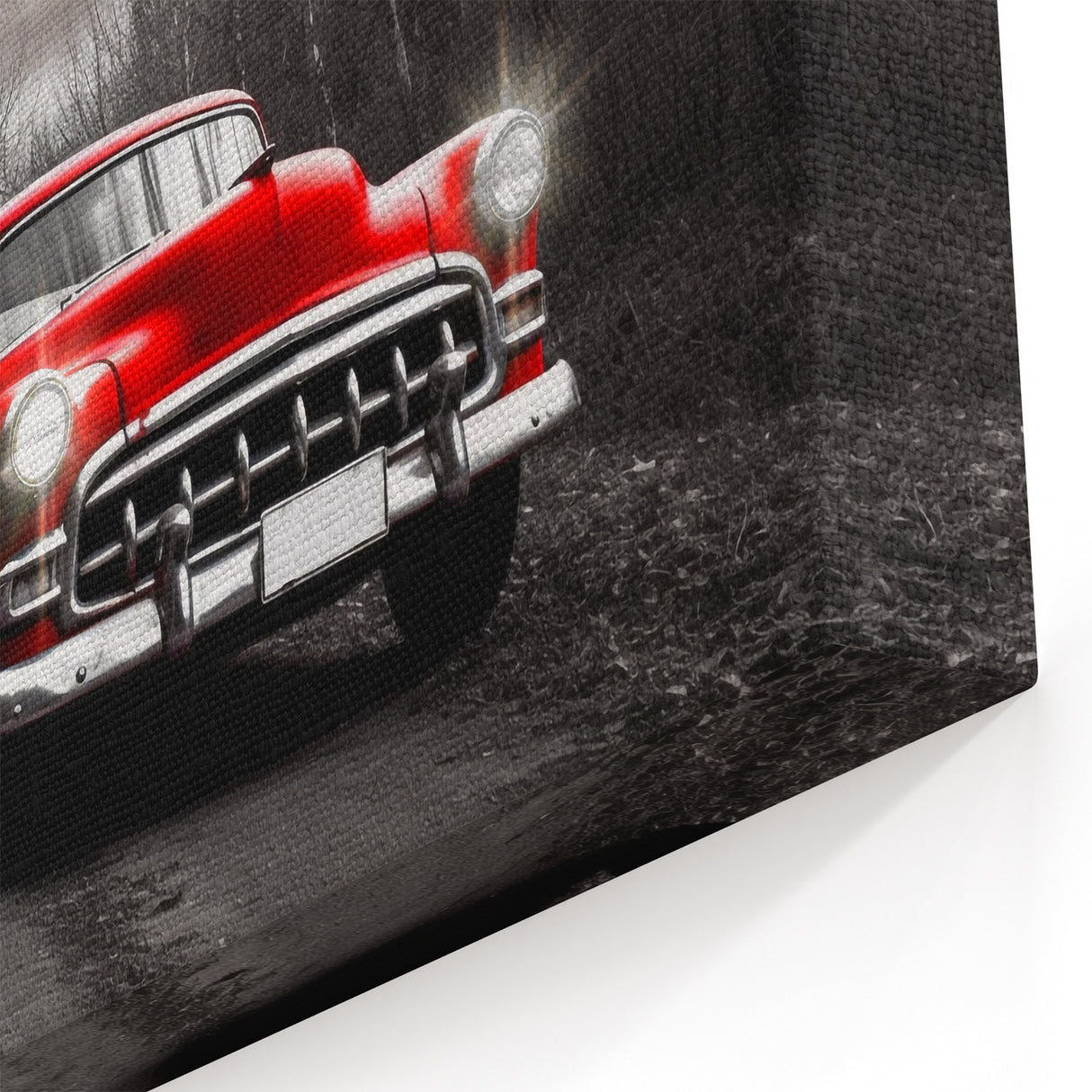 Striking Red Vintage Car in Forest - Dramatic Classic Car Wall Art Print