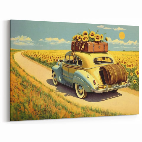 Vintage Road Trip Car in Sunflower Field - Nostalgic Travel Wall Art Print