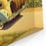 Vintage Road Trip Car in Sunflower Field - Nostalgic Travel Wall Art Print
