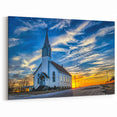 Church Wall Art | Radiant Sunset Over White Church Canvas Print