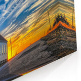 Church Wall Art | Radiant Sunset Over White Church Canvas Print