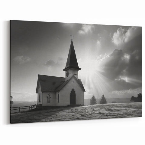 Monochrome Church Sunrise - Spiritual Wall Art for Tranquil Decor