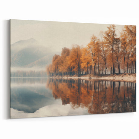 Autumn Trees by Misty Lake Art - Serene Fall Landscape Wall Decor
