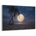 Full Moon Beach Wall Art - Coastal Nightscape Canvas with Palm Trees