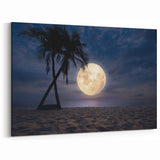 Full Moon Beach Wall Art - Coastal Nightscape Canvas with Palm Trees