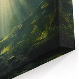 Sunbeams in Enchanted Forest Art - Serene Nature Landscape Decor