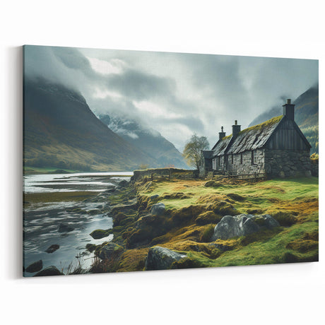 Rustic Cottage in Mist Art - Serene Landscape Canvas for Cozy Decor