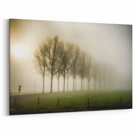 Misty Tree Line Art - Serene Foggy Morning Canvas for Peaceful Decor